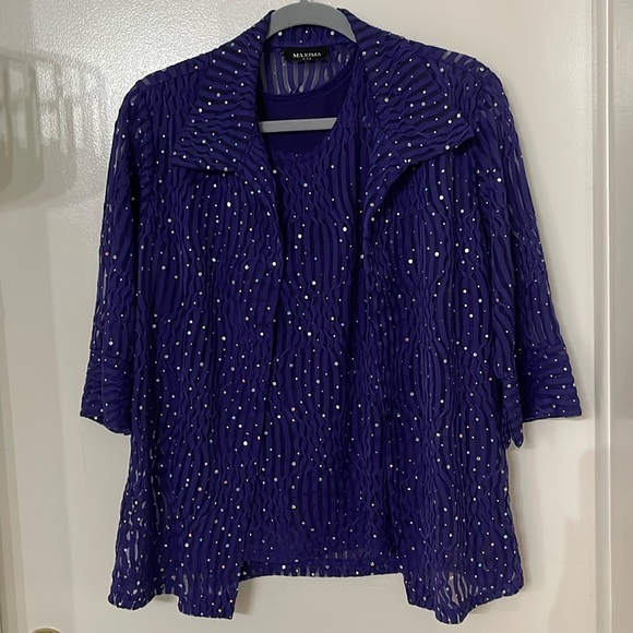 MAXIMA VINTAGE 3-PIECE SKIRT TOP CAMISOLE WOMEN Sz S EMBELLISHED SEQUINS PURPLE - Picture 2 of 16